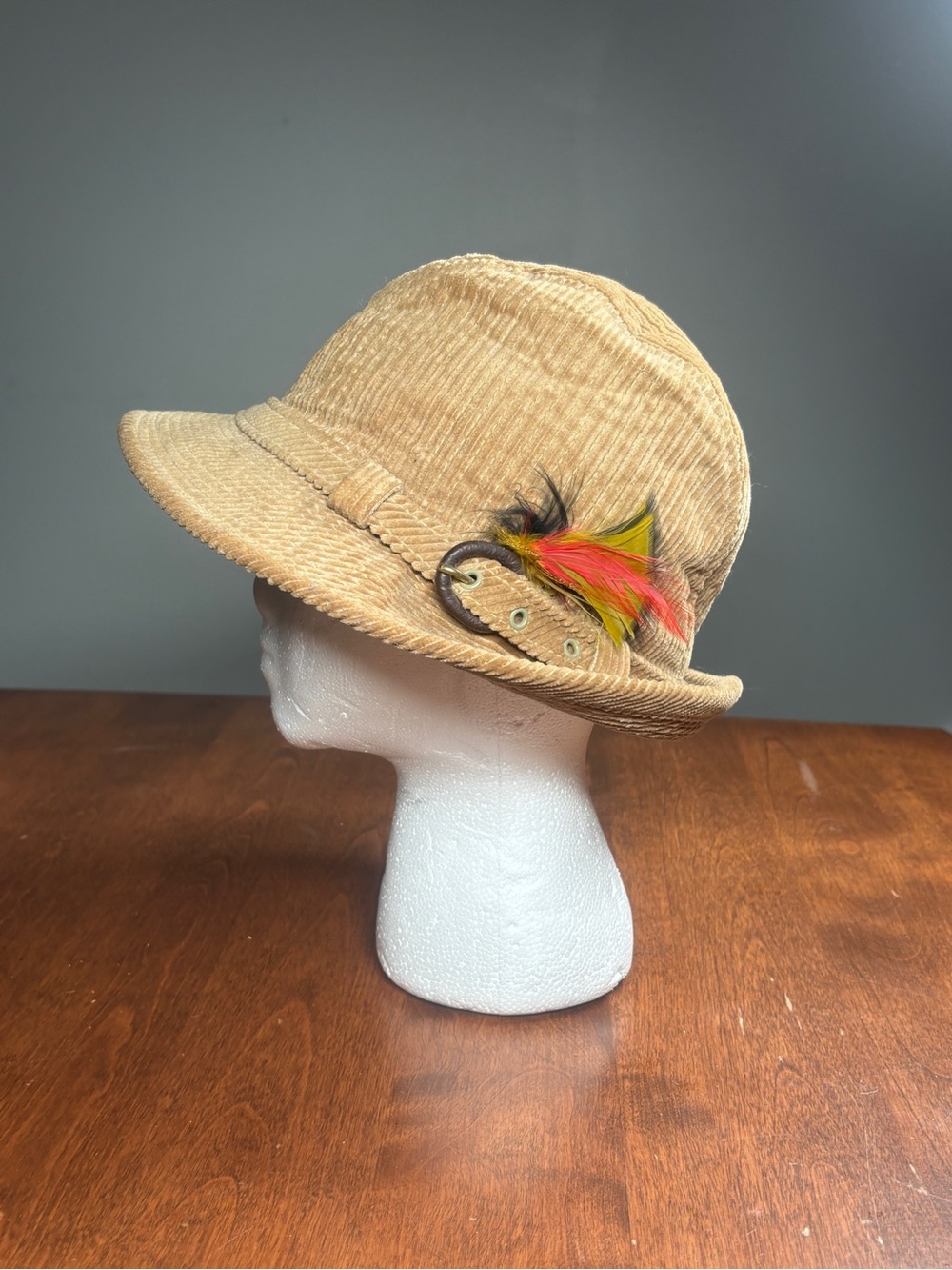 Corduroy Fedora Hat with Feather Trim - Tan